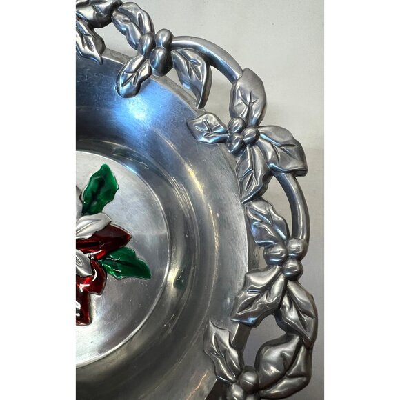 Vintage Pewter Bowl With Enamel Poinsettia Design & Leaf Motif - Picture 3 of 5